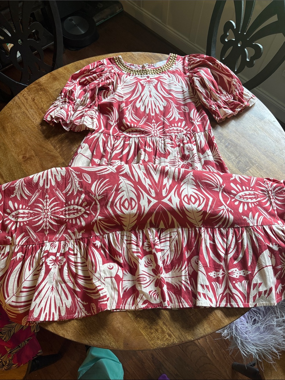 Sheridan French Red and Cream Printed Puff-Sleeve Dress